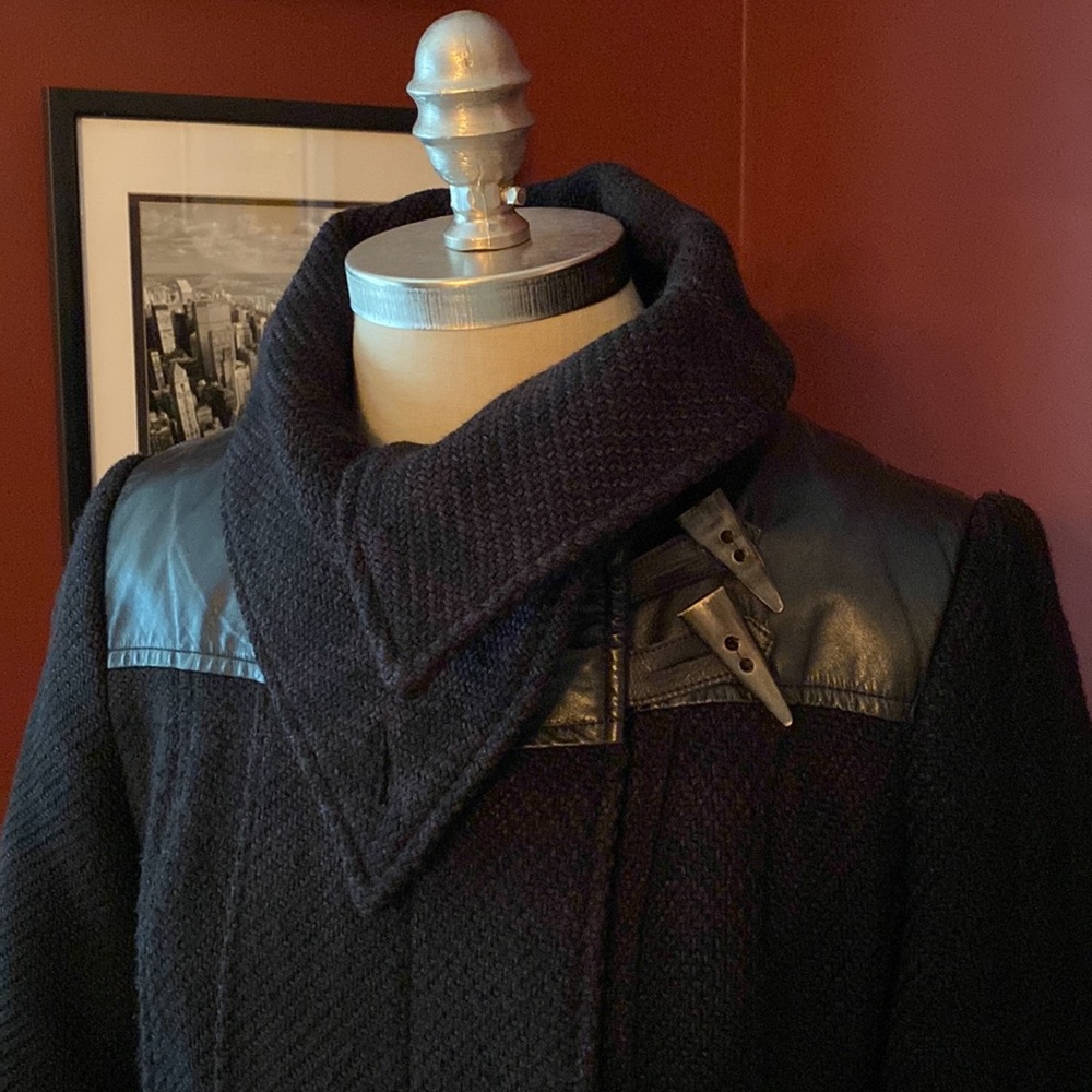 Mackage Black Wool Leather Trim Funnel Neck Coat S